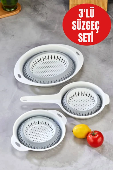 3’lü Katlanabilir Süzgeç Seti – Saplı, Yuvarlak ve Derin Modeller • BPA Free • Kolay Temizlik ürün görseli 1