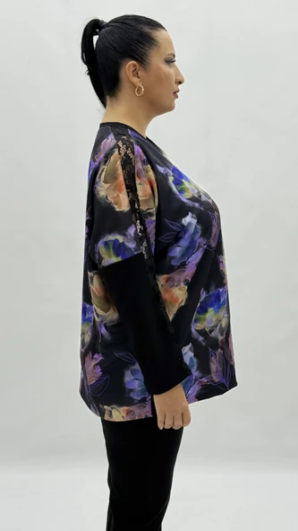 Büyük Beden Viskon Çiçek Desenli Taşlı Uzun Kol Oversize Kadın Bluz - Resim 5