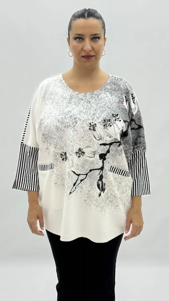 Büyük Beden Viskon Taşlı İnci Detaylı Cepli Kapri Kol Oversize Kadın Bluz - Resim 6