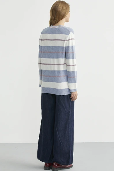 Çizgili V Yaka Triko Kazak - Mavi - Resim 5