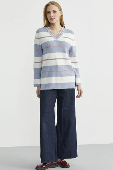 Çizgili V Yaka Triko Kazak - Mavi ürün görseli