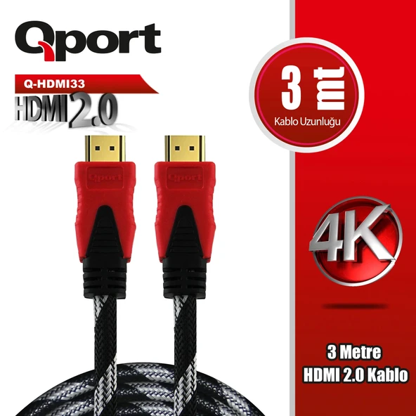 Qport Q-hdmı33 3 Metre 2.0v 4k  Altın Uçlu Örgülü Kablo ürün görseli