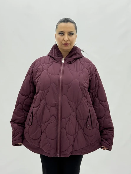 Büyük Beden Fermuarlı Düğmeli Cepli Kapüşonlu Oversize Kadın Mont ürün görseli