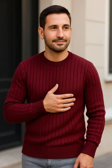 Erkek Fitilli Triko Kazak 4’lü Set – Beyaz, Bordo, Gri, Siyah | Kalın Dokuma Pamuklu Regular Fit Bisiklet Yaka Uzun Koll - Resim 3