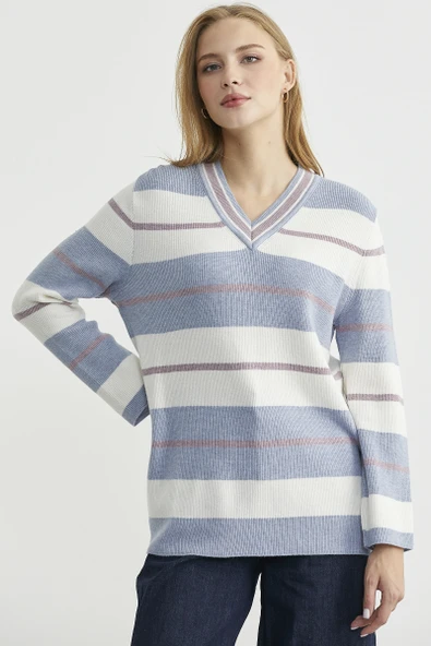 Çizgili V Yaka Triko Kazak - Mavi - Resim 3
