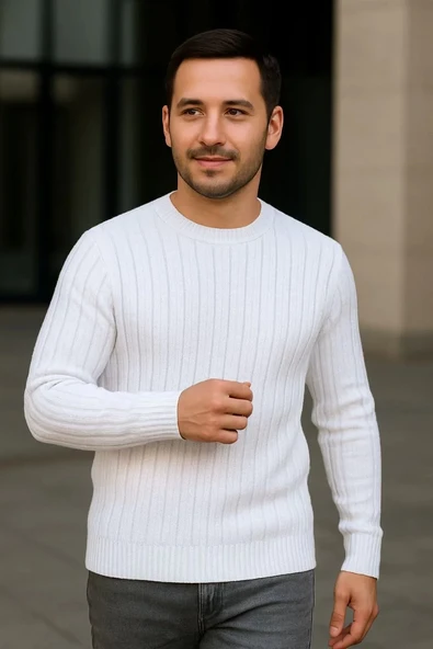 Erkek Fitilli Triko Kazak 3’lü Set – Beyaz, Bordo, Siyah | Kalın Dokuma Pamuklu Regular Fit Bisiklet Yaka Uzun Kollu Kış - Resim 3