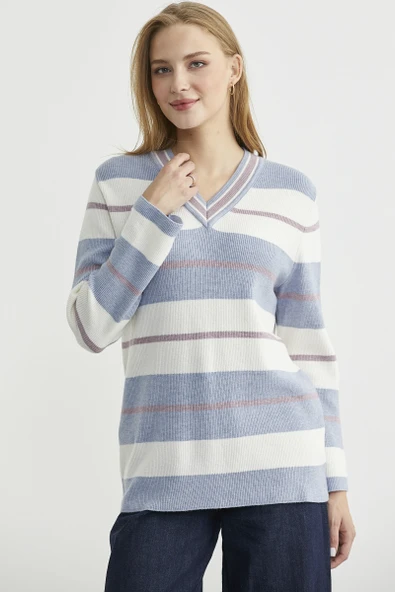 Çizgili V Yaka Triko Kazak - Mavi - Resim 2