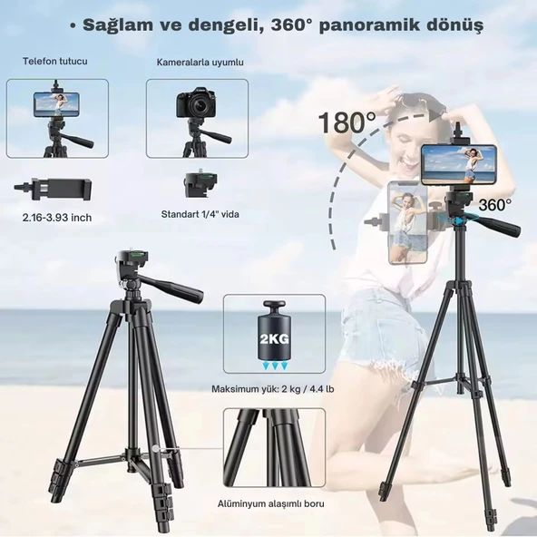 ShopyTech 102 cm Hafif Tripod  Telefon/Kamera Uyumlu Bluetooth Uzaktan Deklanşörlü 360° 3-Yönlü Kafa/GÜMÜŞ - Resim 3