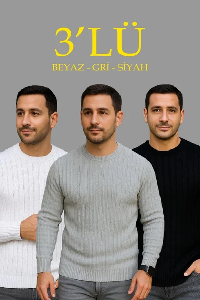 Erkek Fitilli Triko Kazak 3’lü Set – Beyaz, Gri, Siyah | Kalın Dokuma Pamuklu Regular Fit Bisiklet Yaka Uzun Kollu Kışlı ürün görseli 1