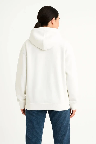 Kadın Samuray Ninja Çift Kapşonlu ZIP Fermuarlı Kanguru Çepli Hoodie Maske detaylı Swetshirt - Beyaz - Resim 4