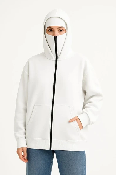Kadın Samuray Ninja Çift Kapşonlu ZIP Fermuarlı Kanguru Çepli Hoodie Maske detaylı Swetshirt - Beyaz - Resim 5
