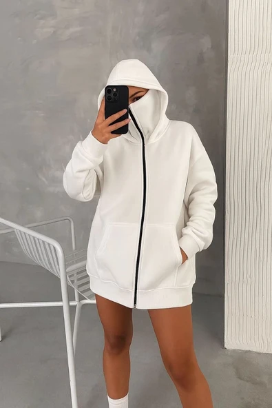 Kadın Samuray Ninja Çift Kapşonlu ZIP Fermuarlı Kanguru Çepli Hoodie Maske detaylı Swetshirt - Beyaz - Resim 8