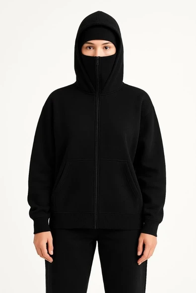 Kadın Samuray Ninja Çift Kapşonlu ZIP Fermuarlı Kanguru Çepli Hoodie Maske detaylı Swetshirt - Siyah - Resim 4