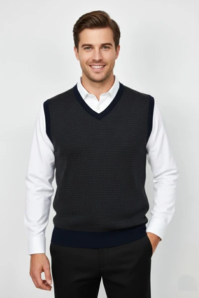 Erkek V Yaka Süveter  Çelik Örgü Regular Kalıp BGL-ST04840 ürün görseli