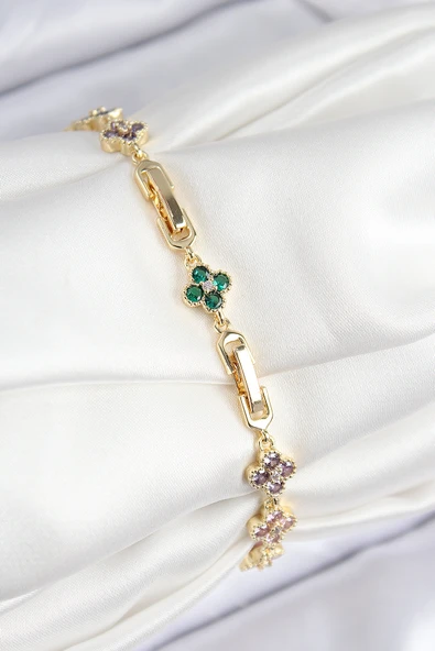 VIP Pirinç Renkli Zirkon Taşlı Yonca Model Gold Renk Kadın Bileklik - TJ-BB7781 - Resim 2