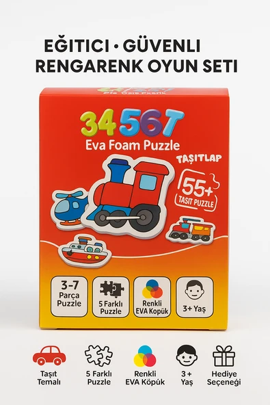 Taşıtlar EVA Köpük Puzzle Seti – 3-7 Parçalı 5 Farklı Araçlı Eğitici Zeka Oyunu - Resim 4