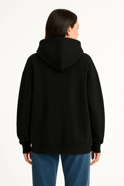 Kadın Samuray Ninja Çift Kapşonlu ZIP Fermuarlı Kanguru Çepli Hoodie Maske detaylı Swetshirt - Siyah - Resim 3