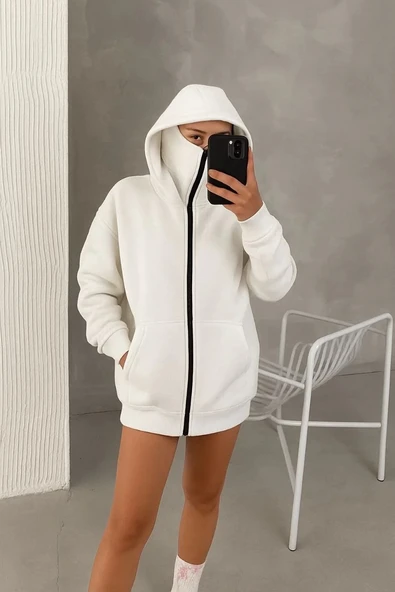 Kadın Samuray Ninja Çift Kapşonlu ZIP Fermuarlı Kanguru Çepli Hoodie Maske detaylı Swetshirt - Beyaz - Resim 7