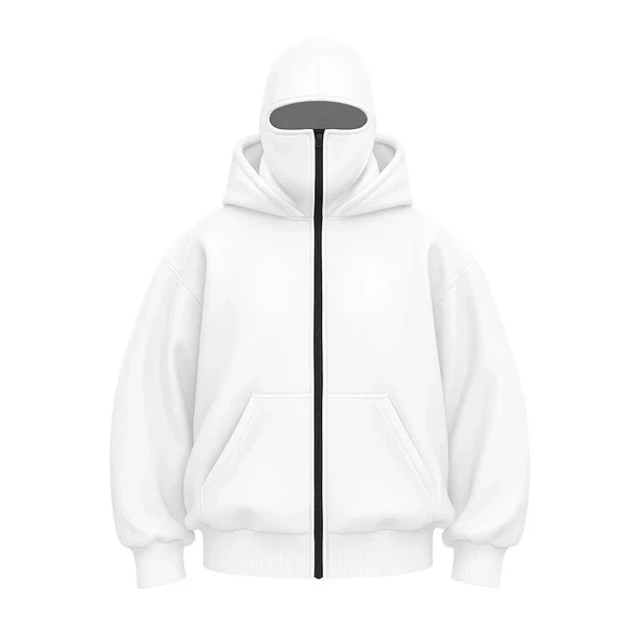 Kadın Samuray Ninja Çift Kapşonlu ZIP Fermuarlı Kanguru Çepli Hoodie Maske detaylı Swetshirt - Beyaz - Resim 2