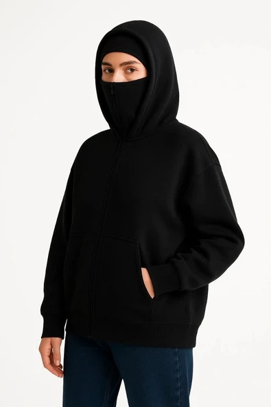 Kadın Samuray Ninja Çift Kapşonlu ZIP Fermuarlı Kanguru Çepli Hoodie Maske detaylı Swetshirt - Siyah - Resim 5
