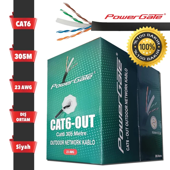 Powergate Cat6-out-copper, Outdoor (dış Mekan), Polietilen, 23awg 0.57mm, Utp, Cat6, %100 Bakır Kablo, 305m, Siyah ürün görseli