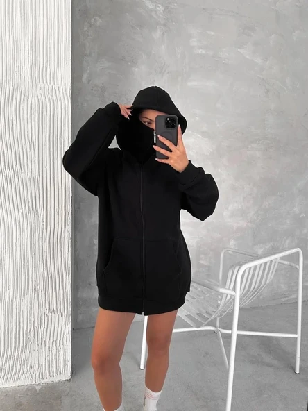Kadın Samuray Ninja Çift Kapşonlu ZIP Fermuarlı Kanguru Çepli Hoodie Maske detaylı Swetshirt - Siyah - Resim 7