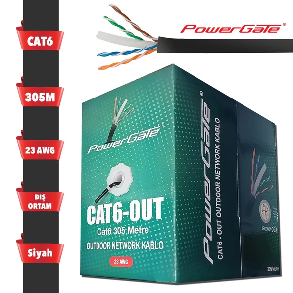 Powergate Cat6-out-cca, Outdoor (dış Mekan), Polietilen, 23awg 0.57mm, Utp, Cat6, Cca Kablo, 305m, Siyah ürün görseli