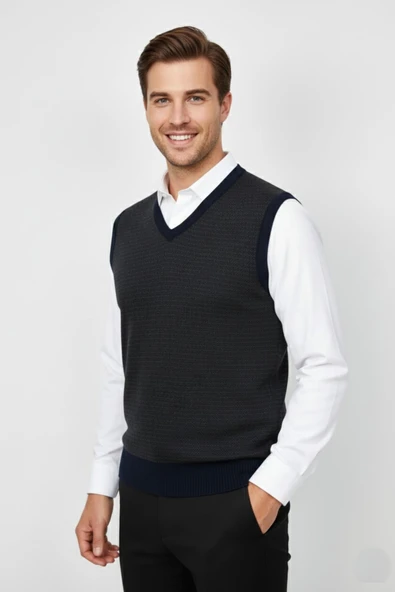 Erkek V Yaka Süveter  Çelik Örgü Regular Kalıp BGL-ST04840 - Resim 8