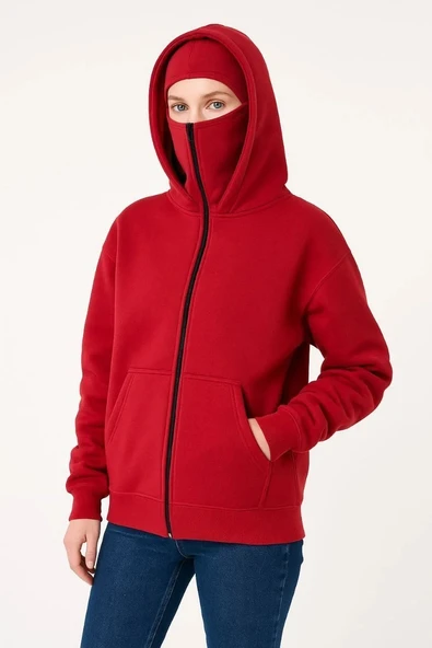 Kadın Samuray Ninja Çift Kapşonlu ZIP Fermuarlı Kanguru Çepli Hoodie Maske detaylı Swetshirt - Kırmızı ürün görseli