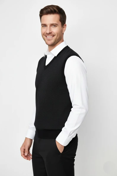 Erkek V Yaka Süveter  Çelik Örgü Regular Kalıp BGL-ST04840 - Resim 7