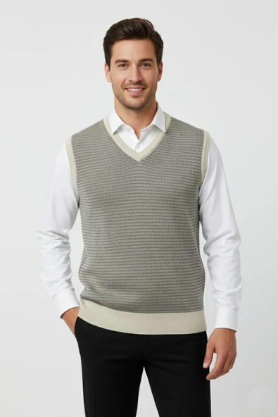 Erkek V Yaka Süveter  Çelik Örgü Regular Kalıp BGL-ST04840 - Resim 5