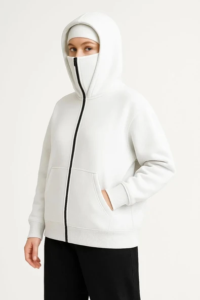 Kadın Samuray Ninja Çift Kapşonlu ZIP Fermuarlı Kanguru Çepli Hoodie Maske detaylı Swetshirt - Beyaz - Resim 6