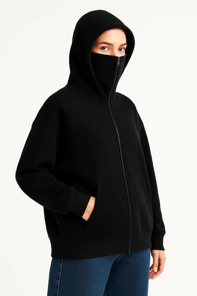 Kadın Samuray Ninja Çift Kapşonlu ZIP Fermuarlı Kanguru Çepli Hoodie Maske detaylı Swetshirt - Siyah ürün görseli
