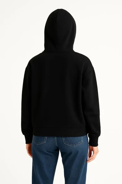 Kadın Samuray Ninja Çift Kapşonlu ZIP Fermuarlı Kanguru Çepli Hoodie Maske detaylı Swetshirt - Siyah - Resim 6