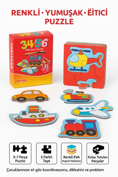 Taşıtlar EVA Köpük Puzzle Seti – 3-7 Parçalı 5 Farklı Araçlı Eğitici Zeka Oyunu - Resim 2