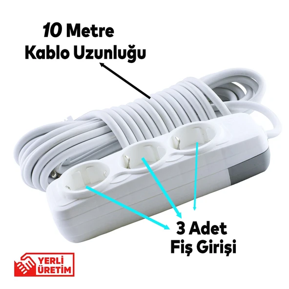 10 Metre Grup Priz 3'lü Anahtarsız Topraklı Seyyar Ara Kablolu Uzatma Kablolusu Üçlü Piriz - Resim 2