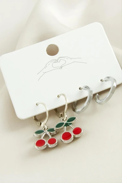 4 Adet Kiraz Mineli Halka Küpe - Resim 2