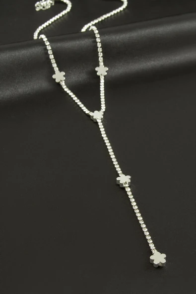 Çiçek Şerit Taşlı Çelik Y Kolye - Resim 2