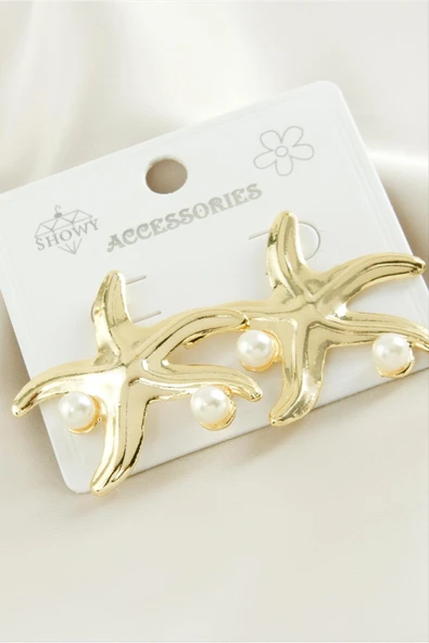 Deniz Yıldızı Metal İnci Küpe - Resim 3