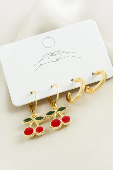 4 Adet Kiraz Mineli Halka Küpe - Resim 3