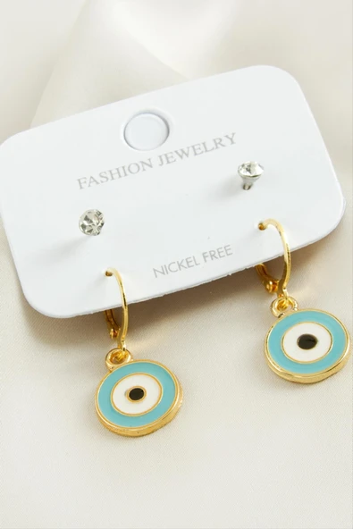 4 Adet Nazar Taşlı Mineli Halka Küpe - Resim 3