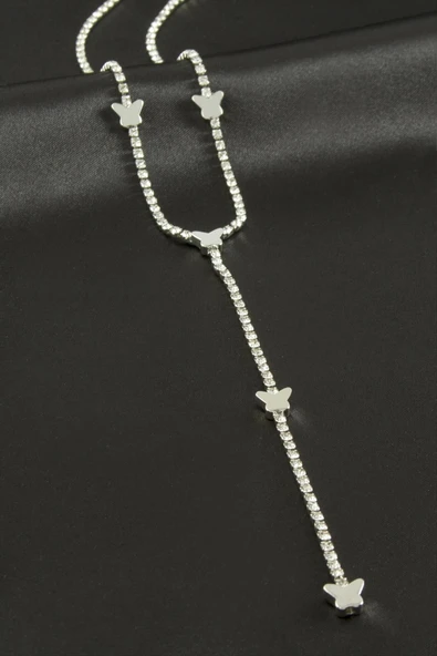 Kelebek Şerit Taşlı Çelik Y Kolye - Resim 2