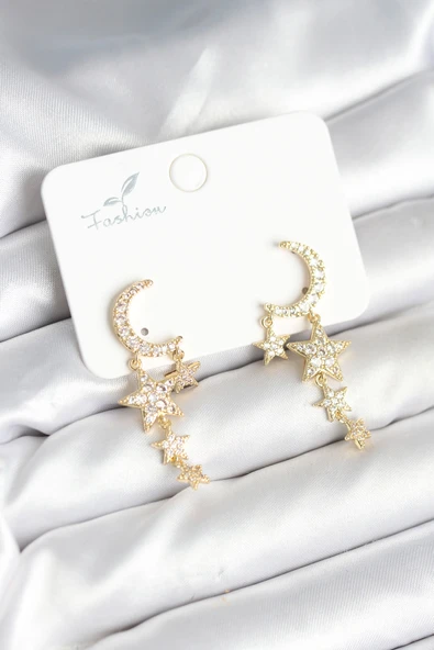 Ay ve Yıldız Model Gold Renk Pirinç Kadın Küpe - TJ-BKP11295 ürün görseli