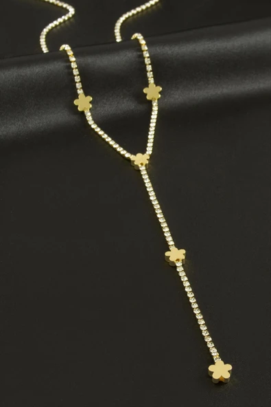 Çiçek Şerit Taşlı Çelik Y Kolye ürün görseli