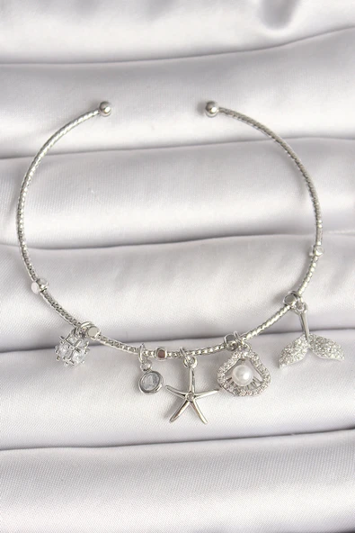 Pirinç Gümüş Renk Sallantı Zirkon Taşlı Deniz Yıldız Figür Balık Kuyruğu Detay Charm Kadın Bileklik - TJ-BB6909 ürün görseli