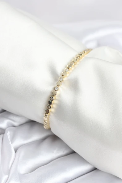 Pirinç Gold Renk İnce Petek Model Kadın Bileklik - TJ-BB8025 ürün görseli