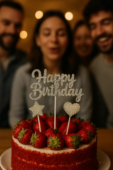 Happy Birthday Taşlı Pasta Süsü 3’lü Set – Gümüş Kalp ve Yıldızlı Işıltılı Doğum Günü Dekoru - Resim 2