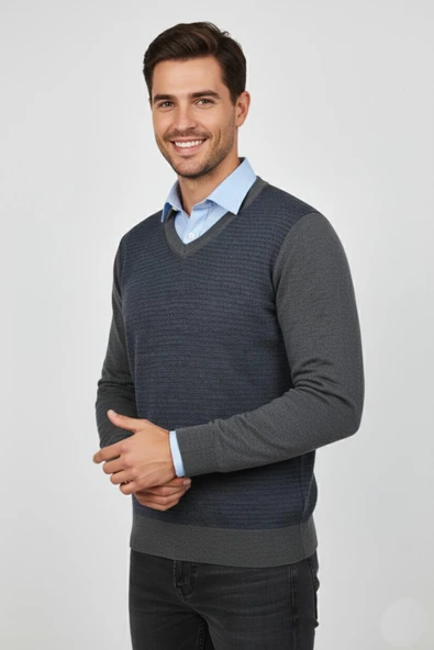 Erkek V Yaka Triko Kazak Çelik Örgü Regular Kalıp BGL-ST04838 - Resim 7