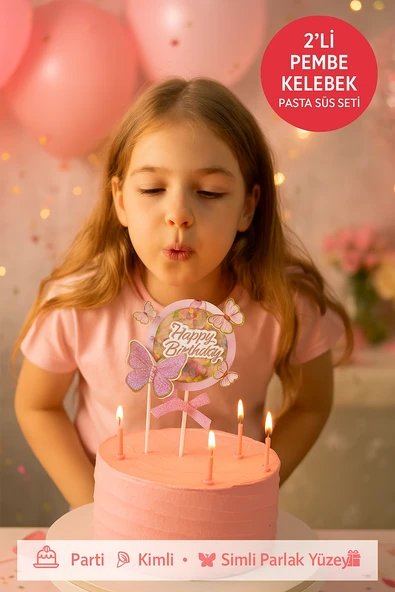 Pembe Kelebekli Pasta Süsü 2’li Set – Simli Happy Birthday Tasarım Doğum Günü Dekoru - Resim 2
