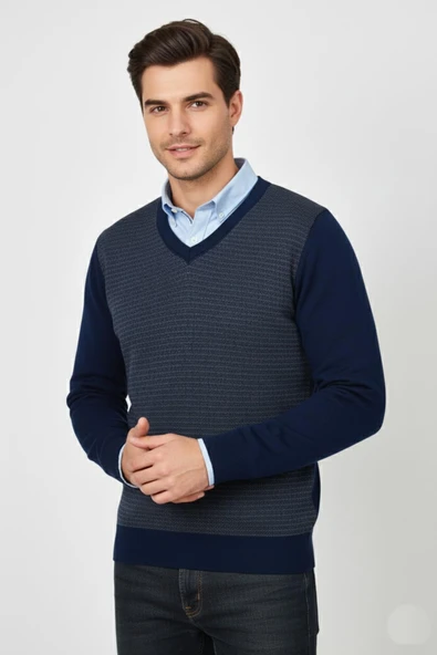 Erkek V Yaka Triko Kazak Çelik Örgü Regular Kalıp BGL-ST04838 - Resim 8